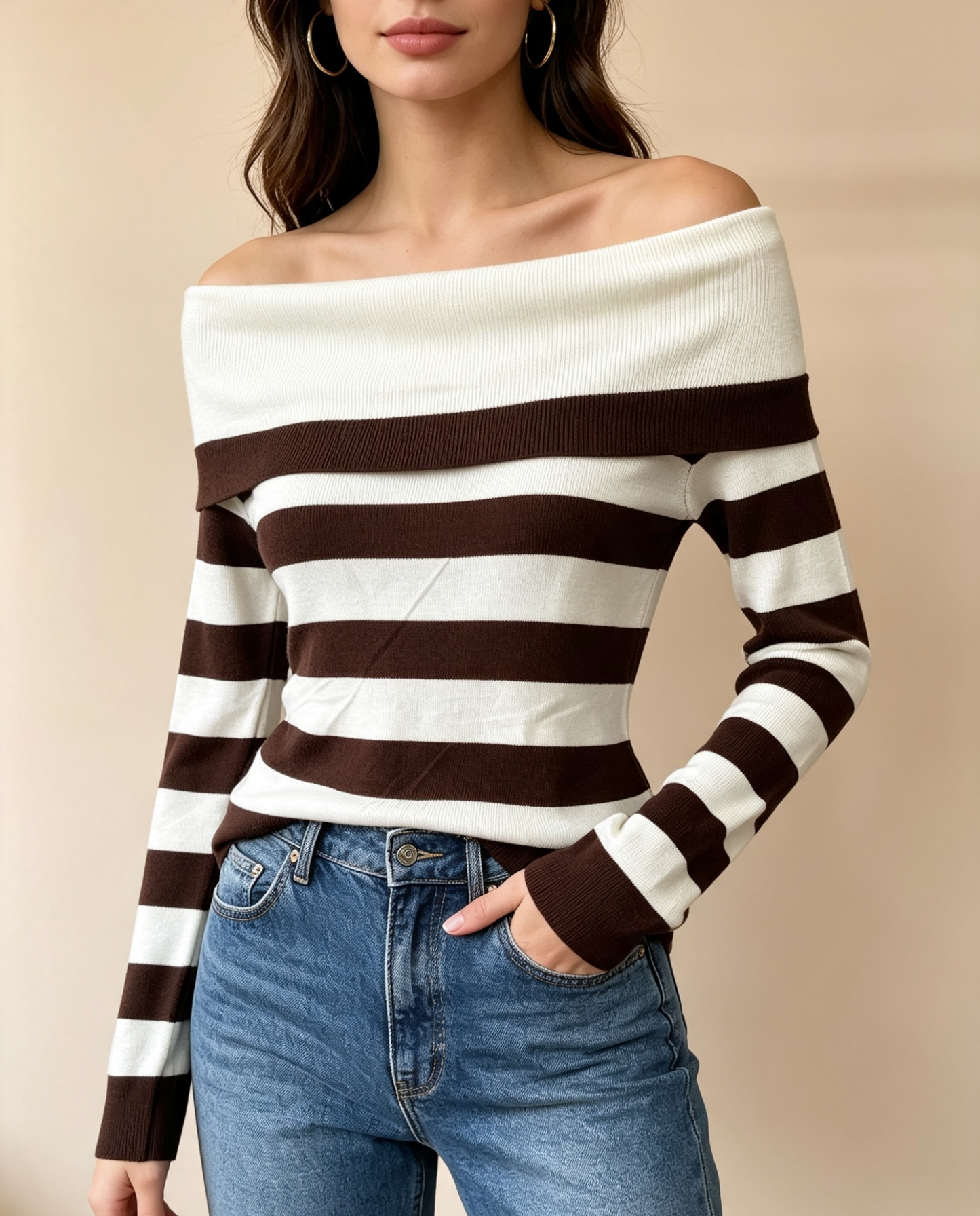✨ Suéter de Rayas Shoulder para Mujer